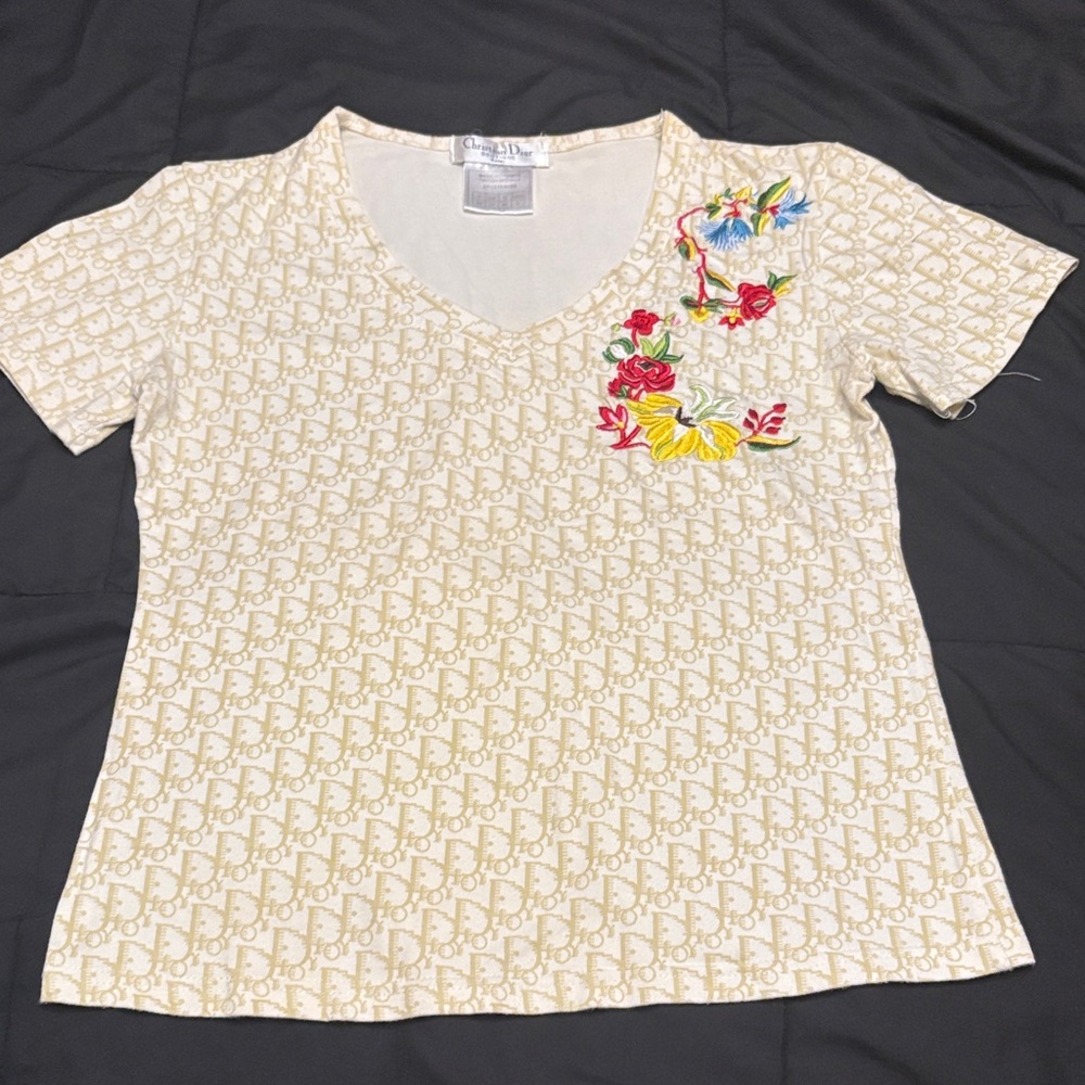 Dior Cream Logo Monogram Short Sleeve Tee with Multicolor Floral Embroidery